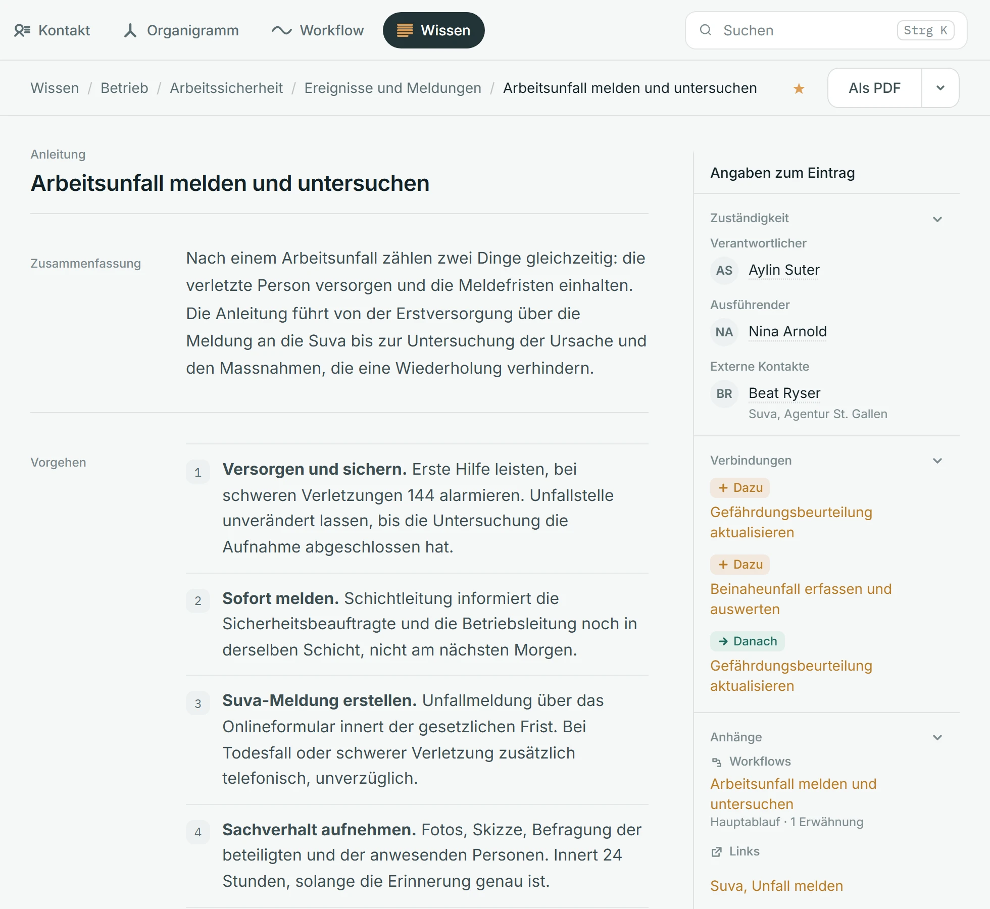 Ein Eintrag in Zeori: Anleitung «Arbeitsunfall melden und untersuchen» mit Zusammenfassung, nummeriertem Vorgehen und daneben Zuständigkeit, Verbindungen, Anhängen und der Freigabe.