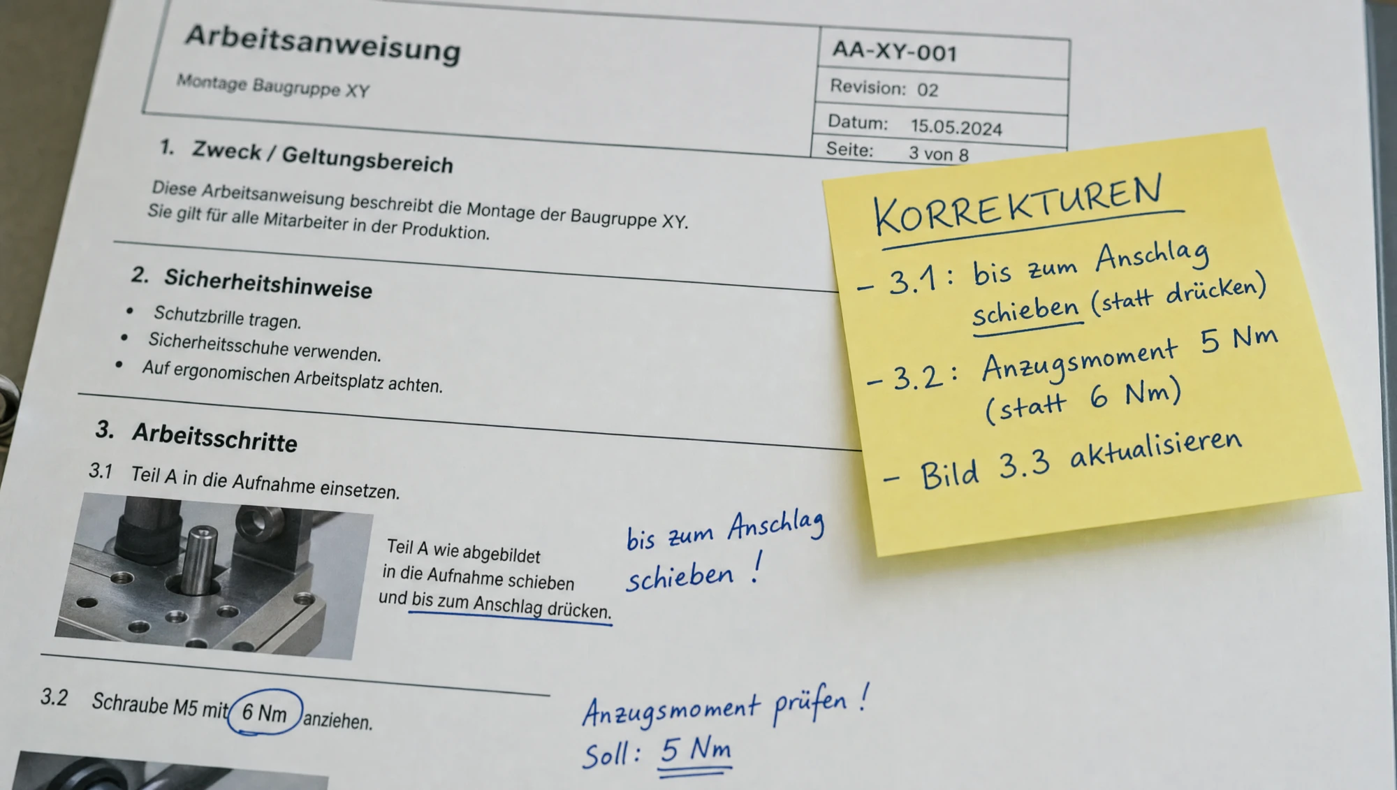 Eine Arbeitsanweisung mit handschriftlichen Korrekturen und einem Notizzettel: das Wissen, das nicht im Dokument steht.