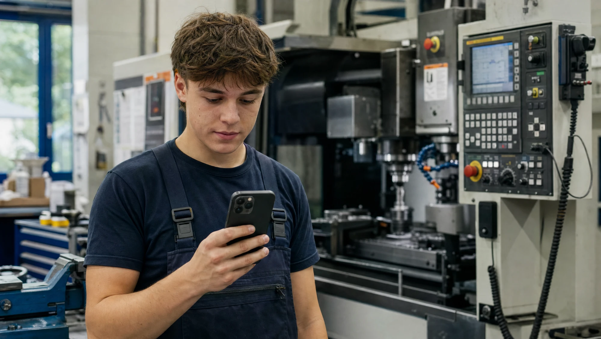 Ein Lehrling schaut in der Werkstatt auf sein Handy, hinter ihm die CNC-Maschine.
